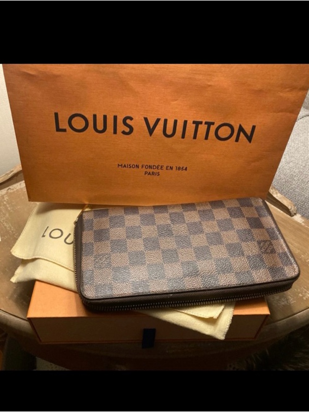 Authentic Louis Vuitton Damier Ebene Zip Wallet in Dark Brown Check